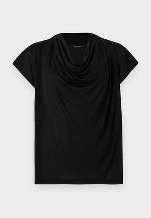 Top preto de mangas curtas com decote drapeado. Feito de um tecido leve e suave, com um corte solto e textura lisa.