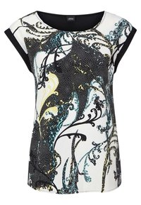 Top a maniche corte in materiale sintetico bianco con un motivo floreale astratto multicolore e dettagli neri lungo le maniche e lo scollo.