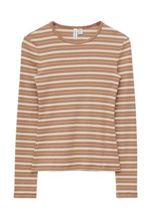 Top met lange mouwen, geribbelde stof met beige en witte horizontale strepen en een ronde halslijn.