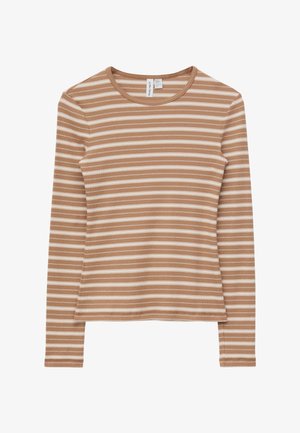 Ilgas rankovėmis, riboto mezgimo viršus su smėlio spalvos ir baltomis horizontaliomis juostelėmis bei apvaliu iškirptu kaklu.