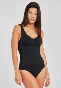 Black bodysuit with a fitted design, scoop neckline, and gathered detail at the bust. Smooth fabric texture and seamless sides.