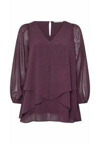 Blusa color prugna in design stratificato con scollatura a V, maniche a palloncino e schiena con apertura a chiave. Realizzata in un tessuto leggero e trasparente.
