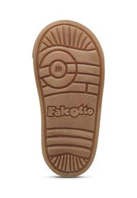 Soletta in gomma di colore beige con scanalature e motivi. Presenta un design circolare con il numero 19 e il logo "Falcotto" in rilievo.