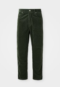 Green corduroy pants with vertical ribbed texture, featuring a button closure, two front pockets, and a straight leg design.