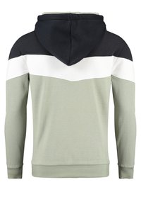 Felpa con cappuccio caratterizzata da un corpo grigio-verde, pannello superiore nero e una striscia orizzontale bianca. Realizzata in tessuto morbido e strutturato con polsini a costine.