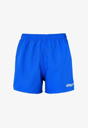 Blue athletic shorts made of lightweight material, featuring an elastic waistband, a smooth texture, and a white logo on the lower left side.