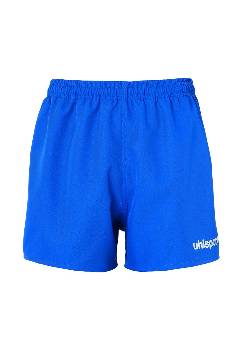 Pantalones cortos deportivos azules hechos de material ligero, con una cintura elástica, una textura suave y un logo blanco en la parte inferior izquierda.