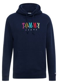 Sudadera azul marino con el colorido logo bordado "TOMMY JEANS", bolsillo tipo canguro en la parte frontal y capucha con cordones ajustables.