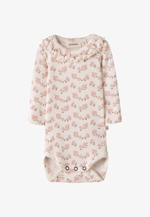 Body de bebé blanco de manga larga con costillas, estampado floral rosa, cuello con volantes y cierres de presión en la parte inferior.