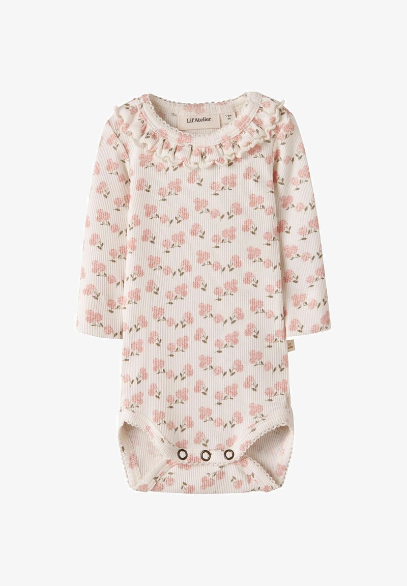 Body bébé blanc à manches longues en maille côtelée avec motif floral rose, col à volants et boutons-pression à l'entrejambe.