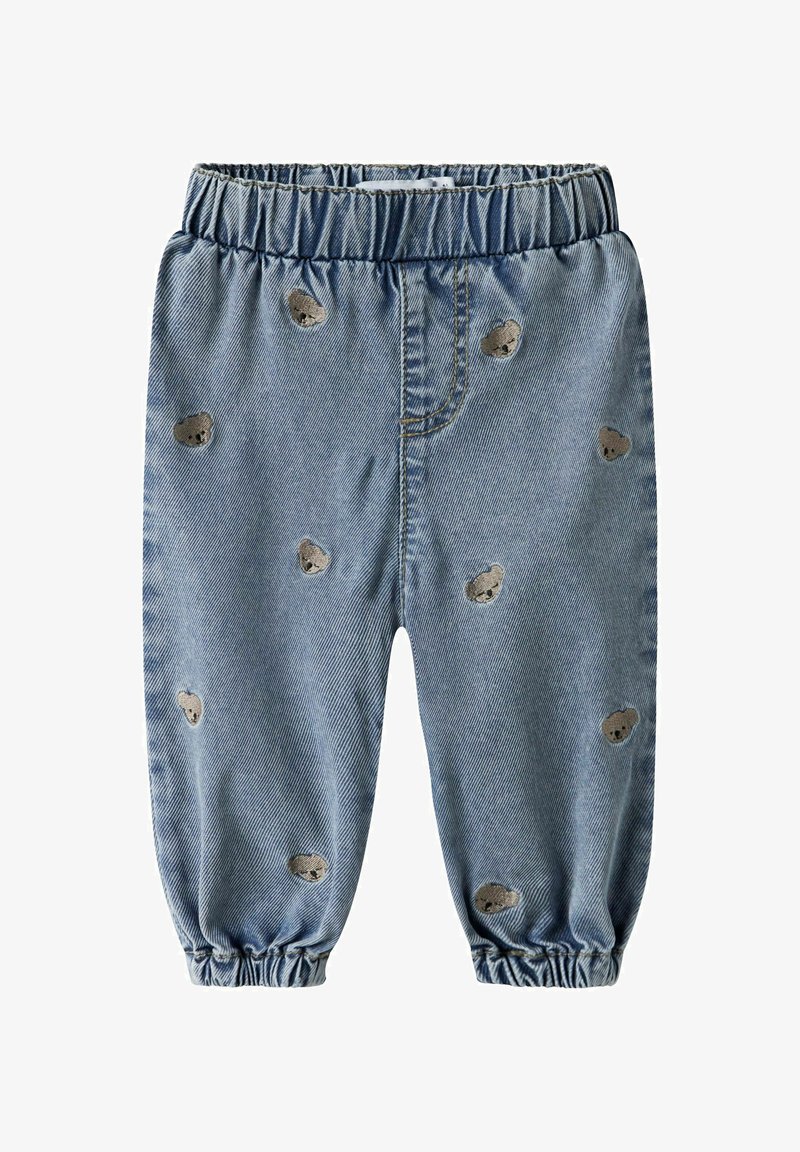 Svetlo modre denim hlače za malčke z elastičnim pasom in manšetami, okrašene z majhnimi vezenimi obrazi medvedkov.