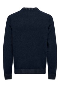Maglione blu navy, colletto a girocollo a coste, tessuto texturizzato, maniche lunghe, polsini e orlo a coste, finitura liscia sul retro. Adatto per sovrapposizioni.