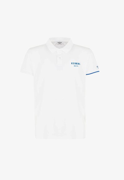 Maglietta polo bianca in cotone con colletto a scollo, due bottoni e accenti blu sulle maniche. Logo "ICEBERG" in blu sul petto.