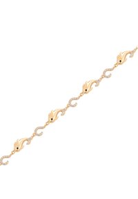 Bracciale d'oro con maglie a forma di delfino e connettori curvi adornati di cristalli su uno sfondo bianco.