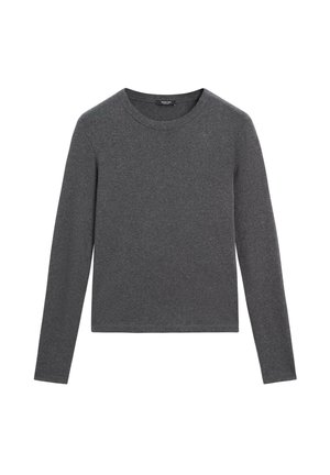 T-shirt à manches longues gris foncé en mélange de coton doux. Présente un col rond et une silhouette cintrée sans motifs ni accents visibles.