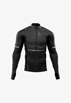 Schwarze Sportjacke mit langen Ärmeln, durchgehendem Frontreißverschluss, Daumenlöchern an den Ärmeln und reflektierenden Streifen über Brust und Armen.