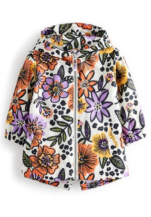 Giacca con capuccio per bambini, con cerniera frontale, polsini elastici e un motivo floreale colorato in arancione, viola, giallo, verde e nero su sfondo bianco.