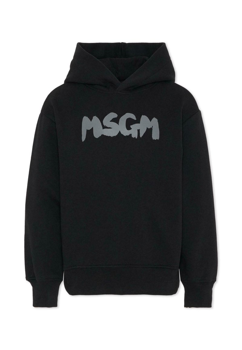 Zwarte sweatshirt met capuchon, voorzien van een groot grijs "MSGM" logo op de voorkant. Gemaakt van zachte stof met ribbelboorden en onderrand.