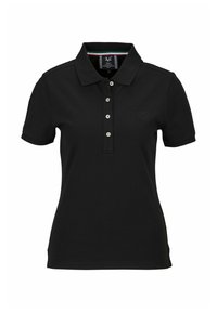 Zwarte poloshirt gemaakt van katoen, met een klassieke kraag, een knoopsluiting met drie knopen, korte mouwen en een geborduurd logo op de borst.