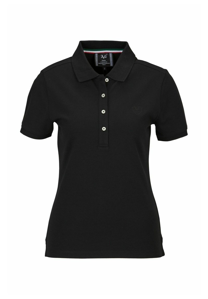 Zwarte poloshirt gemaakt van katoen, met een klassieke kraag, een knoopsluiting met drie knopen, korte mouwen en een geborduurd logo op de borst.