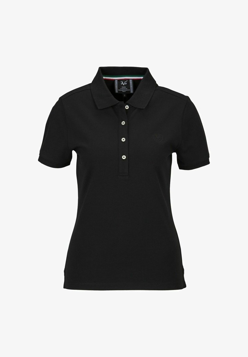 Zwarte poloshirt gemaakt van katoen, met een klassieke kraag, een knoopsluiting met drie knopen, korte mouwen en een geborduurd logo op de borst.