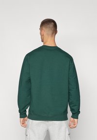 Grønn crewneck genser med lange ermer, laget av et mykt stoff. Har ribbestrikkede mansjetter og nederkant, med en helt jevn tekstur.