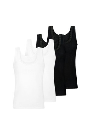 Frau mit hellem Teint und blondem Haar, die ein schwarzes Tanktop mit gewelltem Saum und passende schwarze Unterwäsche mit gewelltem Saum vor weißem Hintergrund trägt.