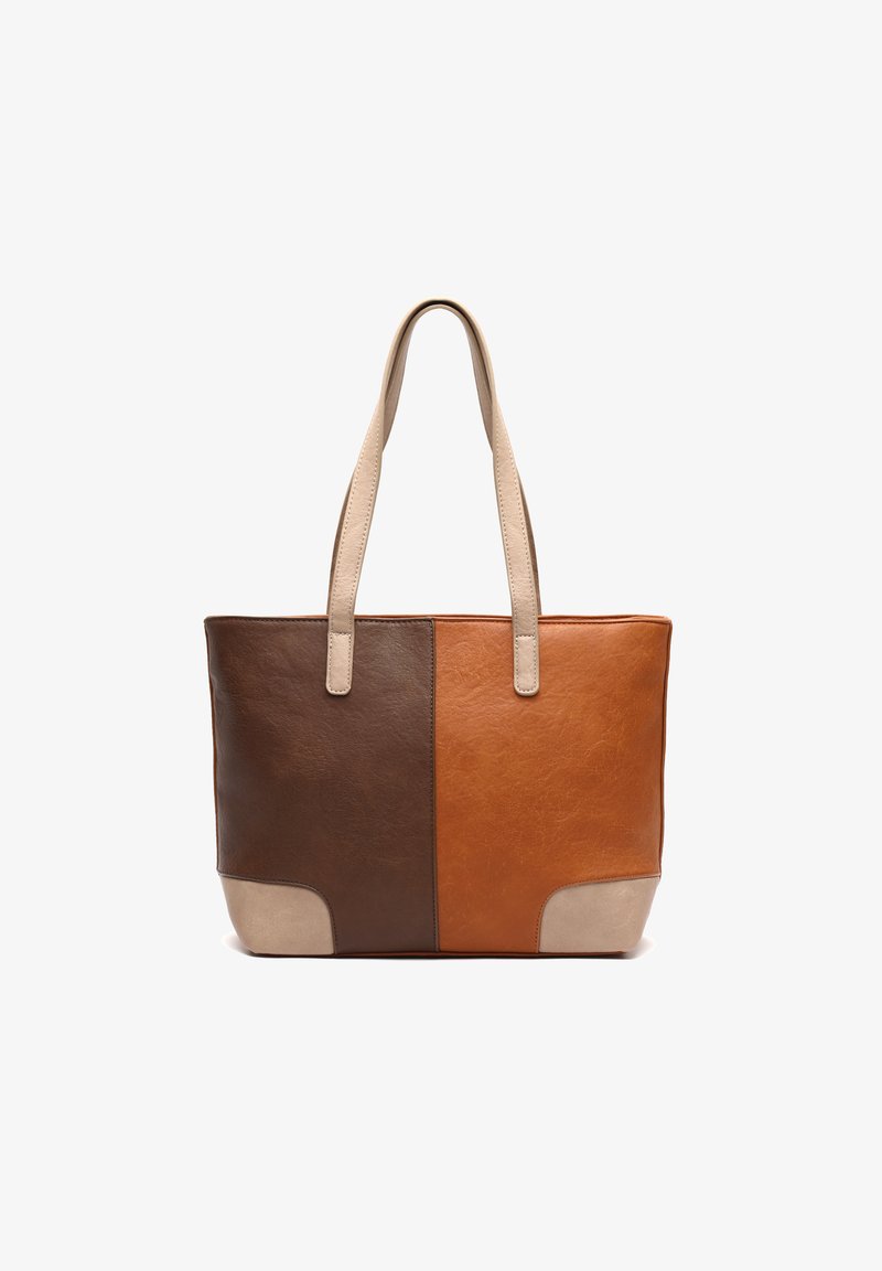 Two-tone brown leather tote bag with beige handles and corner accents, rectangular shape, standing upright on a white background.