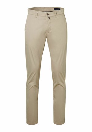Beige Slim-Fit-Hosen für Herren mit Gürtelschlaufen, Vorderknopf und Reißverschluss, aus glattem Stoff.