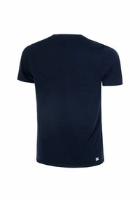 T-shirt blu navy a maniche corte, realizzato in tessuto morbido, con scollo rotondo e un piccolo dettaglio logo vicino all'orlo.