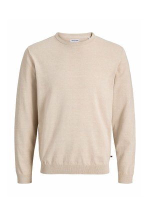 Beige knitted sweater with a round neckline, long sleeves, ribbed cuffs and hem, featuring a subtle texture and a logo tag at the side.