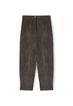 Donkergrijze corduroy broek met een losse pasvorm, voorzien van een knoopsluiting, zijzakken en opgerolde manchetten die de verticale ribbelstructuur benadrukken.
