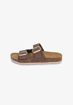 Sandalo alla schiava in camoscio marrone con due cinturini regolabili con fibbie metalliche, plantare in sughero e suola in gomma testurizzata.