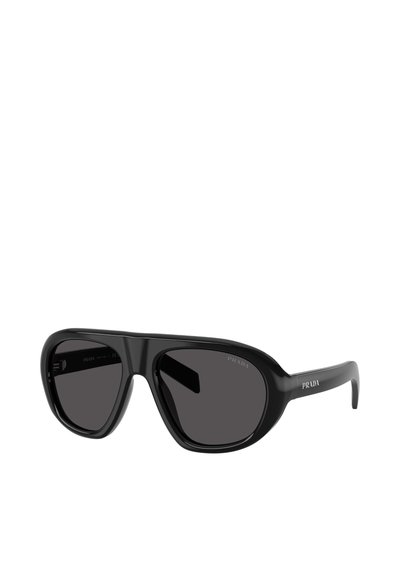 Occhiali da sole neri con un design rettangolare arrotondato elegante. Presentano lenti scure e il logo Prada sulle aste. Realizzati in plastica lucida.