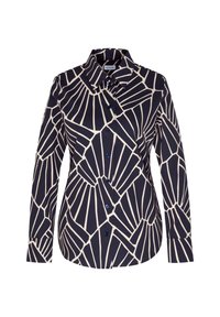 Chemise bleu marine à boutons avec des motifs géométriques crémeux abstraits, manches longues et col moderne. Fabriquée en tissu léger avec une texture lisse.