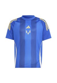 Sininen urheilupaita, jossa on keltaisia yksityiskohtia, vaakasuoria raidoituksia, lyhyet hihansuut, pyöreä kaula-aukko ja Adidas-logo edessä.