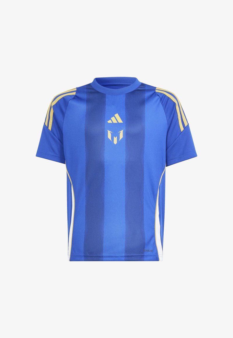 Sininen urheilupaita, jossa on keltaisia yksityiskohtia, vaakasuoria raidoituksia, lyhyet hihansuut, pyöreä kaula-aukko ja Adidas-logo edessä.