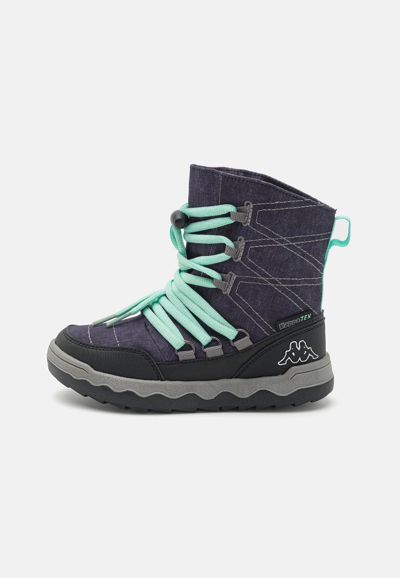 Botte d’hiver bleu foncé avec de gros lacets vert menthe, semelle noire et grise, logo Kappa et étiquette imperméable KappaTEX sur le côté.