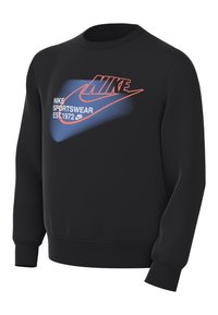 Sudadera negra hecha de una mezcla de algodón, con cuello redondo, puños acanalados y un diseño gráfico con acentos en azul y naranja en la parte frontal.