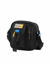 Borsa a tracolla nera in tessuto con superficie testurizzata, dettagli in blu sulla tracolla e un'etichetta gialla con la parola "Discovery" e un grafico.