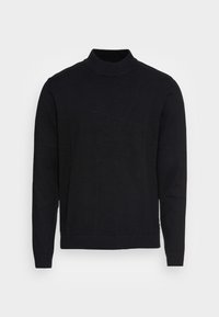Pull en maille noire avec un col montant, des manches longues, des poignets et un ourlet côtelés. Texture lisse sans motifs ni ornements visibles.