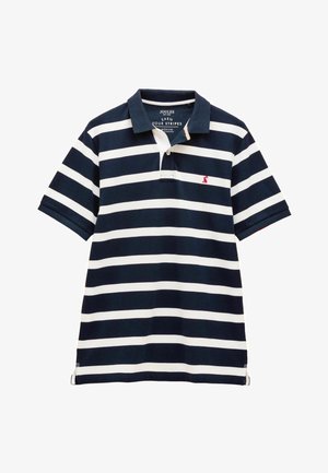Tengerészkék és fehér csíkos pólóing, pamutból készült, gallérral, rövid ujjakkal és egy kis piros logóval a mellkasán.