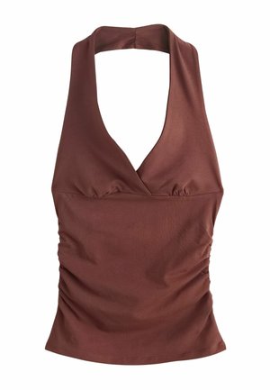 Top maro fără mâneci, tip halter, cu un decolteu adânc în V, detaliu adunat la bust și părți strânse, realizat dintr-un material fin.