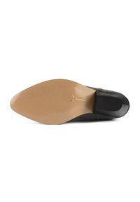 Black suede high heel shoe sole with a pointed shape, light beige rubber outsole, and embossed logo detail near the toe area.