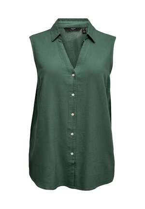 Mouwloze donker groene blouse met knopen en kraag, met een losse pasvorm, ontworpen voor vrouwen.