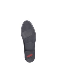Semelle de chaussure en caoutchouc noir avec un motif de grip texturé, comportant une zone centrale lisse et un logo "rieker" rouge. Forme plate et arrondie.