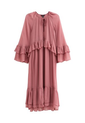 Robe rose à volants avec une coupe décontractée, dotée d'un col rond, d'une fermeture à lacer et de longues manches flottantes. Tissu léger avec une texture fluide.