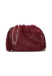 Burgundy faux fur handbag with a textured surface, featuring a gold chain strap and braided accents, rounded shape with a secure closure.
