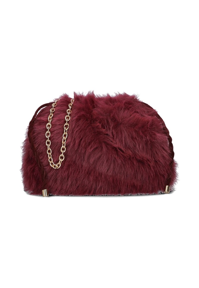 Burgundy faux fur handbag with a textured surface, featuring a gold chain strap and braided accents, rounded shape with a secure closure.