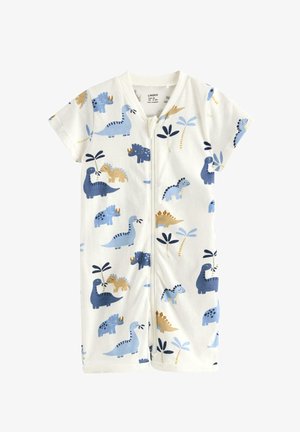 Hvid babyromper med blå og beige dinosaur- og palmemønstre, korte ærmer og lynlåslukning foran.